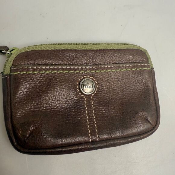 Fossil Leather Brown Green Women's Coin Purse Wallet w/ Keyring EUC - Picture 3 of 14